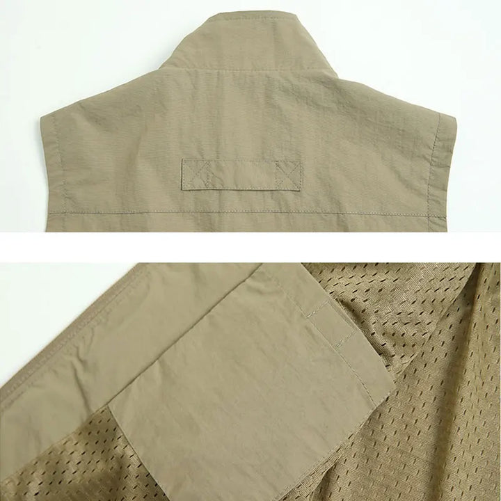 Beige Weste mit Stehkragen, Rückansicht und Detailansicht des atmungsaktiven Mesh-Innenfutters, ideal für Outdoor-Aktivitäten und Freizeitkleidung.