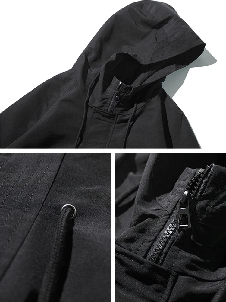 Schwarzer Kapuzenpullover mit Reißverschluss, Nahaufnahme der Details. Modischer Hoodie, Unisex, ideal für Herbst und Winter.