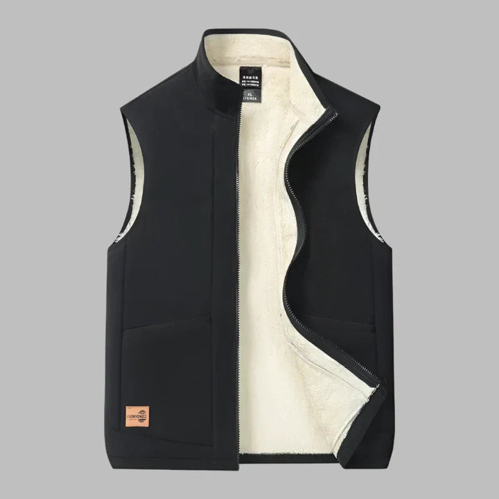Schwarze Herrenweste mit Reißverschluss, ärmellos, gefüttert, modisch, ideal für Herbst und Winter. Perfekt für Outdoor-Aktivitäten und Freizeitkleidung.