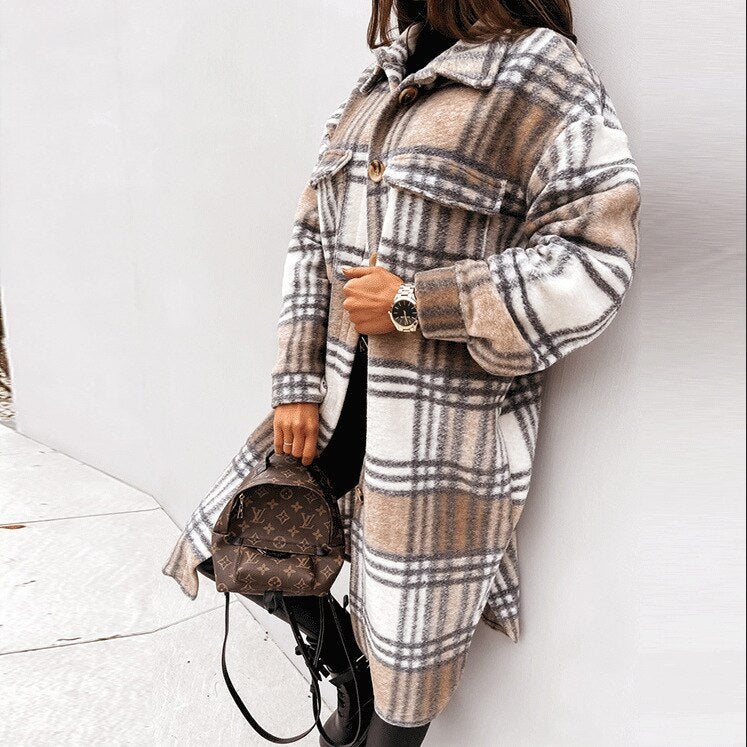 Luna Plaid Jacke | Bequemer langer Woll-Look mantel für Damen