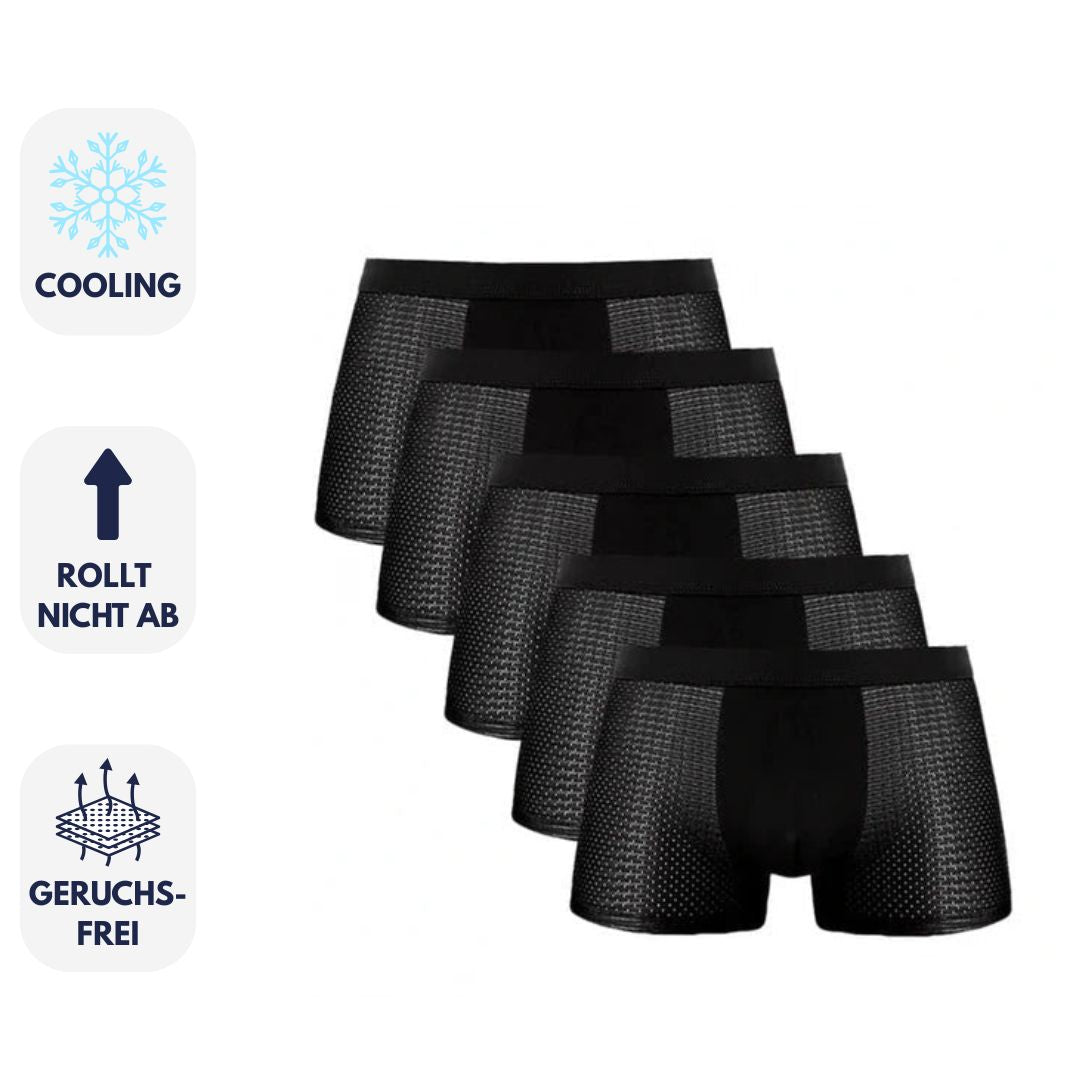 Fünferpack schwarze Herren-Boxershorts, atmungsaktiv, kühlend, geruchsfrei, rutschfest. Ideal für Komfort und Frische im Alltag.