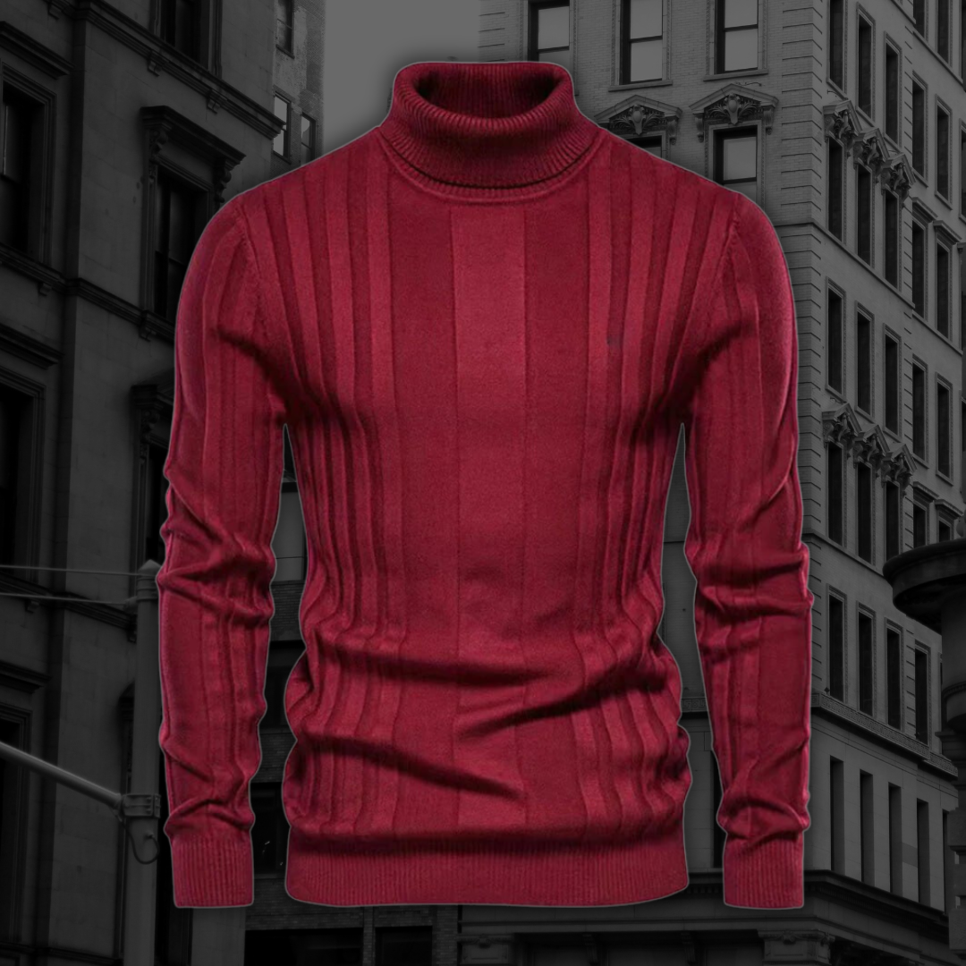 Roter Rollkragenpullover aus Wolle vor urbanem Hintergrund, modisch und elegant, ideal für Herbst- und Wintermode. Hochwertige Strickware.