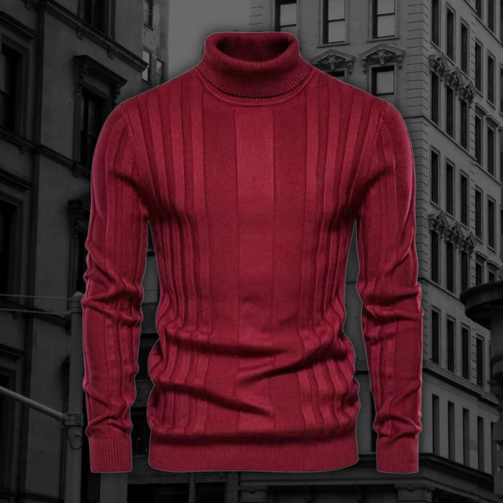 Roter Rollkragenpullover aus Wolle vor urbanem Hintergrund, modisch und elegant, ideal für Herbst- und Wintermode. Hochwertige Strickware.