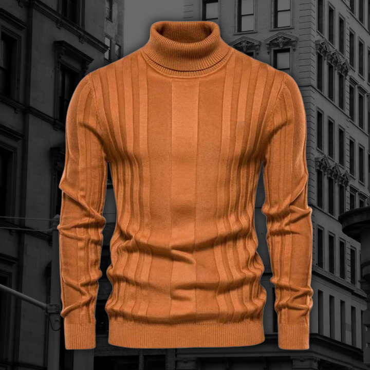 Orangefarbener Rollkragenpullover vor städtischem Hintergrund, modischer Herrenstrickpullover, Herbstmode, elegantes Design, warme Bekleidung.