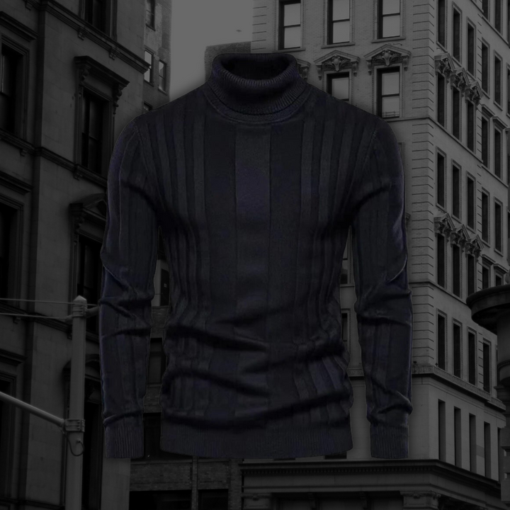 Schwarzer Rollkragenpullover vor urbaner Hochhauskulisse, stilvoll und modern. Perfekt für Herrenmode, Herbstmode, elegantes Outfit.