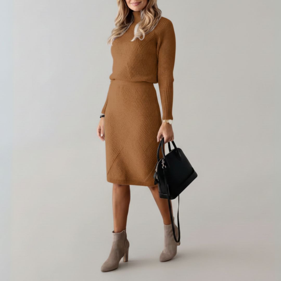 Zweiteiler Strickset für Damen - Eleganter Rollkragenpullover mit Midirock - Business Outfit für Herbst/Winter