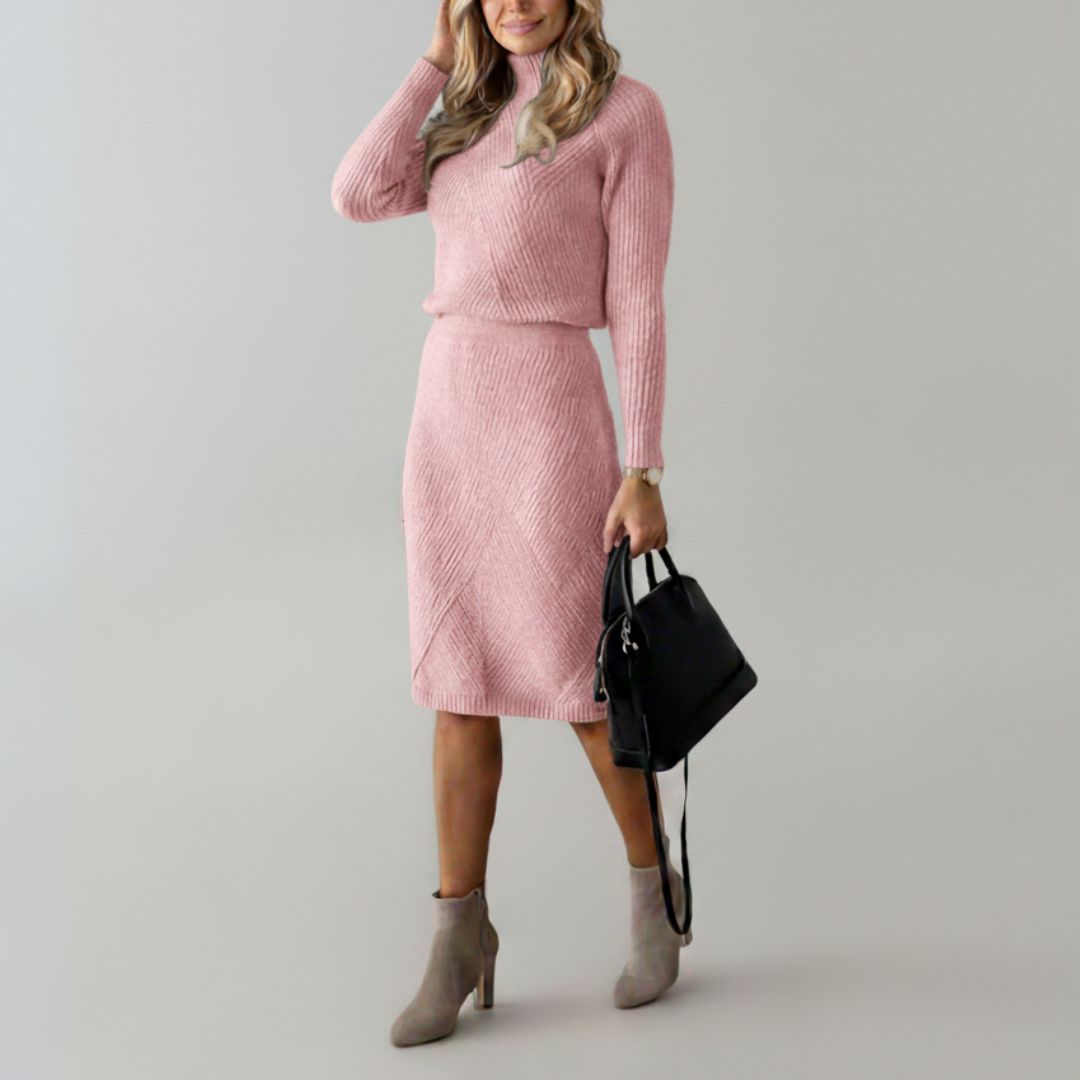 Zweiteiler Strickset für Damen - Eleganter Rollkragenpullover mit Midirock - Business Outfit für Herbst/Winter