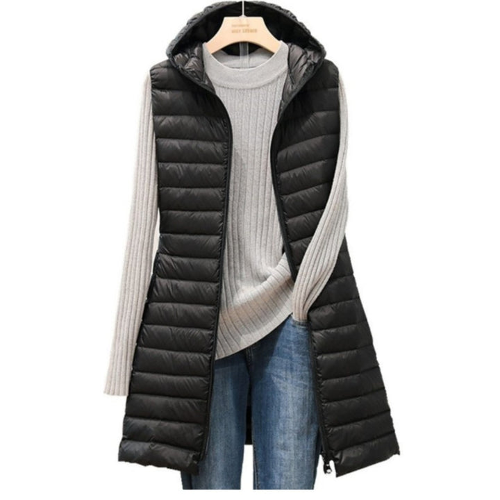 Lange Steppweste für Damen - Elegante Übergangsjacke mit Kapuze