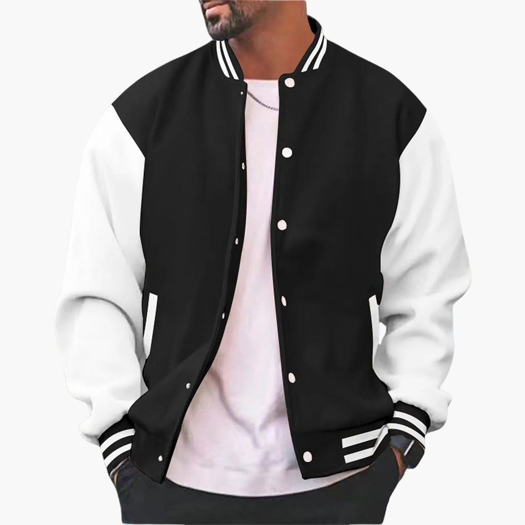 Schwarz-weiße Collegejacke für Herren, lässiger Stil, mit gestreiften Bündchen und Kragen, ideal für modische Freizeitoutfits.