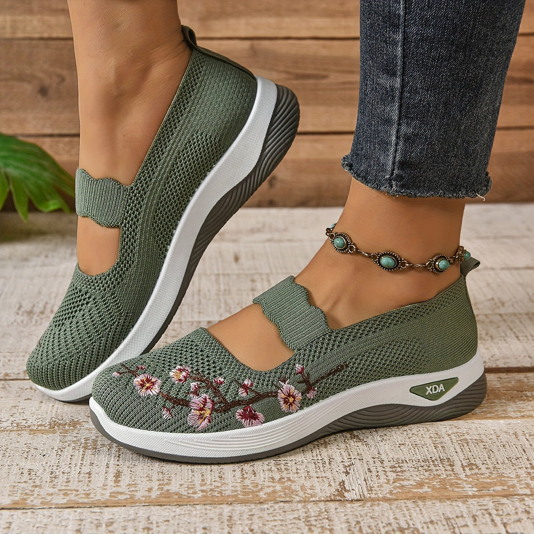 Grüne Damen-Sneaker mit Blumenstickerei, bequeme Freizeitschuhe, atmungsaktiv, rutschfeste Sohle, ideal für Frühling und Sommermode.