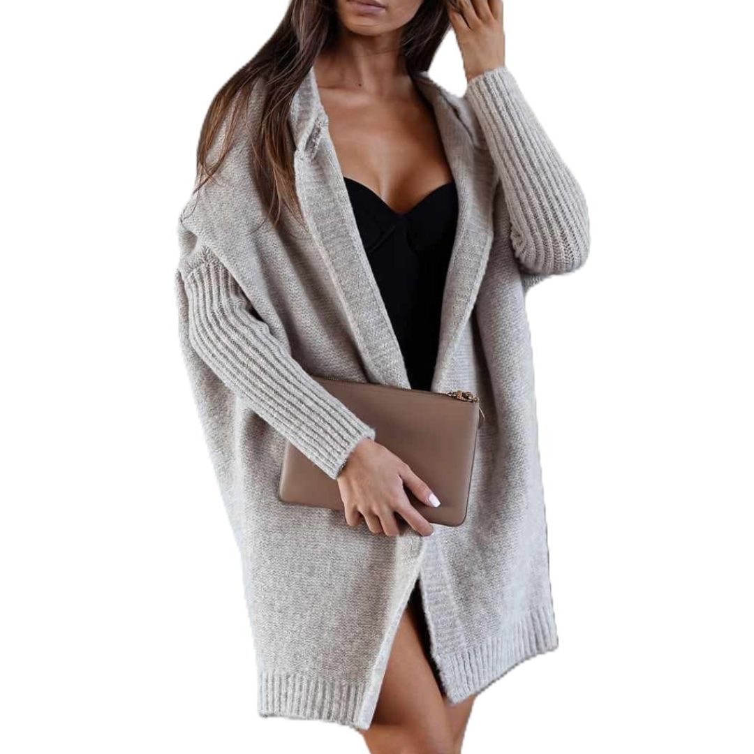 Strickjacke für den Herbst - Langer grauer Strick-Cardigan mit Kapuze für Damen
