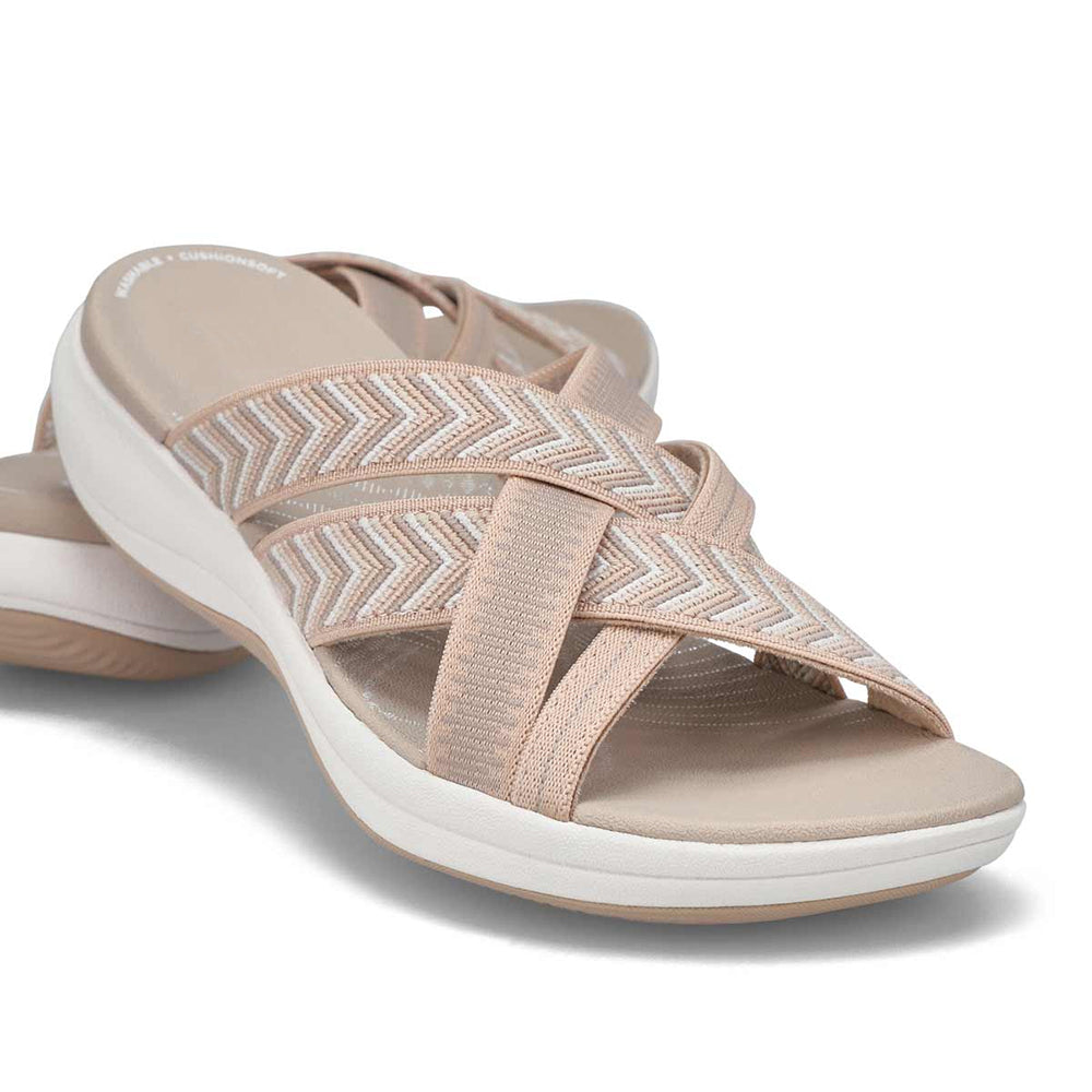 Beige Damen-Sandalen mit Kreuzriemen und Chevron-Muster, bequeme Sommerschuhe, rutschfeste Sohle, ideal für Freizeit und Strand.