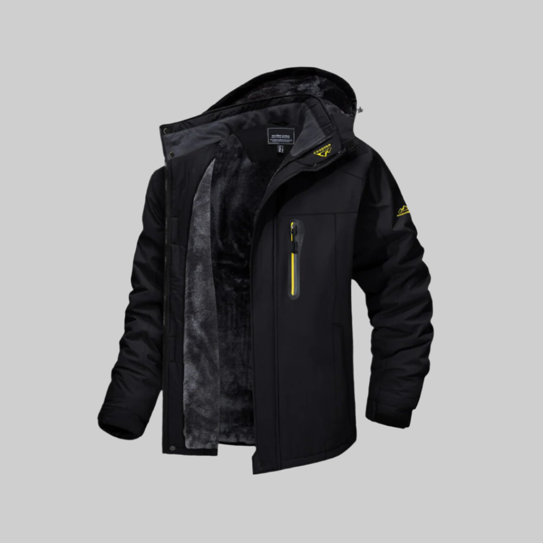 Schwarze Herren-Winterjacke mit Kapuze, wasserabweisend, winddicht, gefüttert, Reißverschlusstaschen, ideal für Outdoor-Aktivitäten und kaltes Wetter.