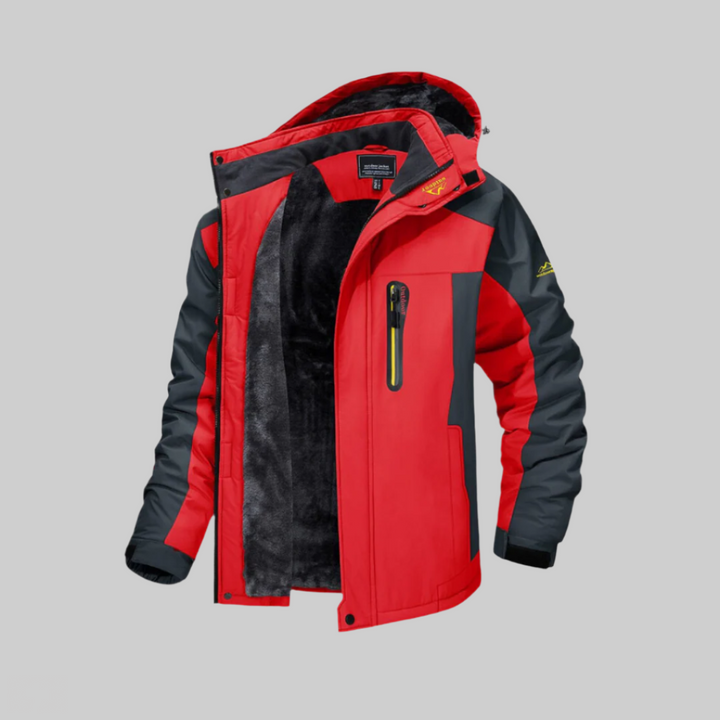 Rote Herren-Skijacke mit schwarzem Futter, wasserdicht, winddicht, atmungsaktiv, ideal für Outdoor-Aktivitäten im Winter. Swiss-Logo unten links.