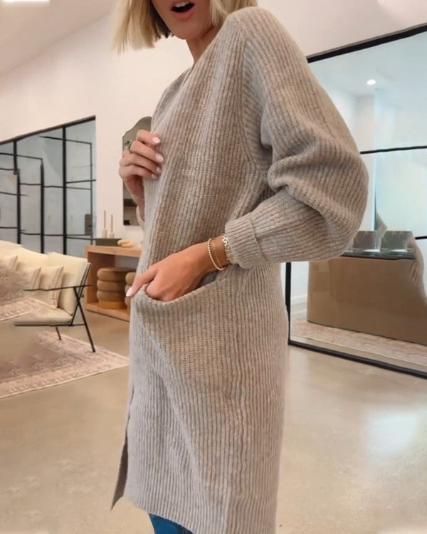 Gebreid warm vest met zakken voor dames – lange stijl