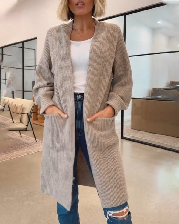 Gebreid warm vest met zakken voor dames – lange stijl