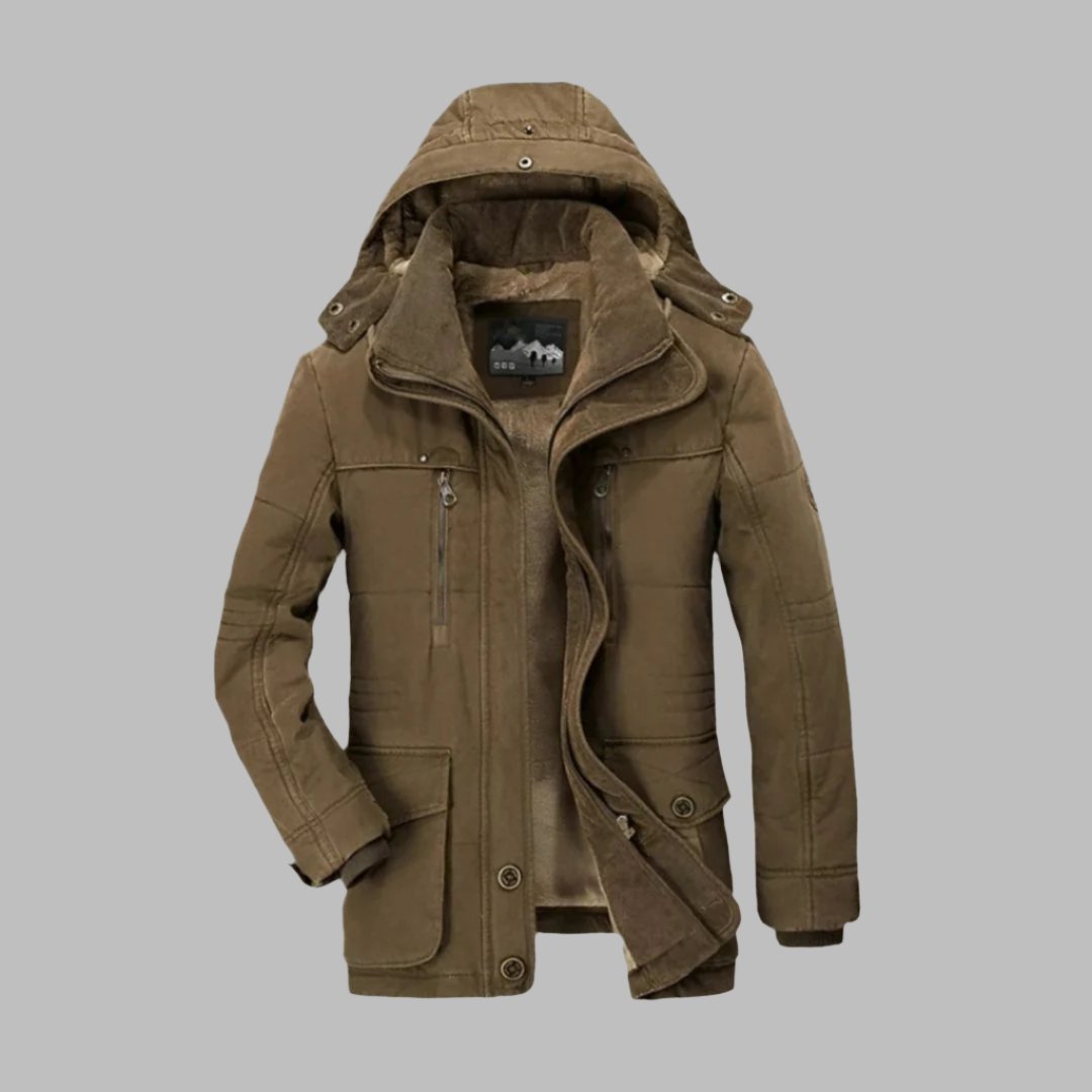 Braune Herren-Winterjacke mit Kapuze, Reißverschluss und Knöpfen, warm gefüttert, ideal für kaltes Wetter, modisch und funktional.