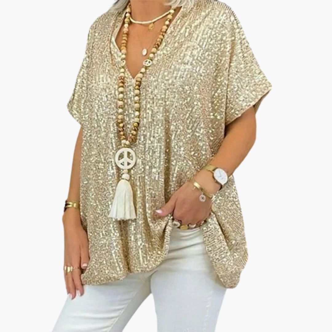 Glitzer Top für den Herbst - Lockere Oberteil mit mit V-Ausschnitt und Glitzernde Pailletten für Damen