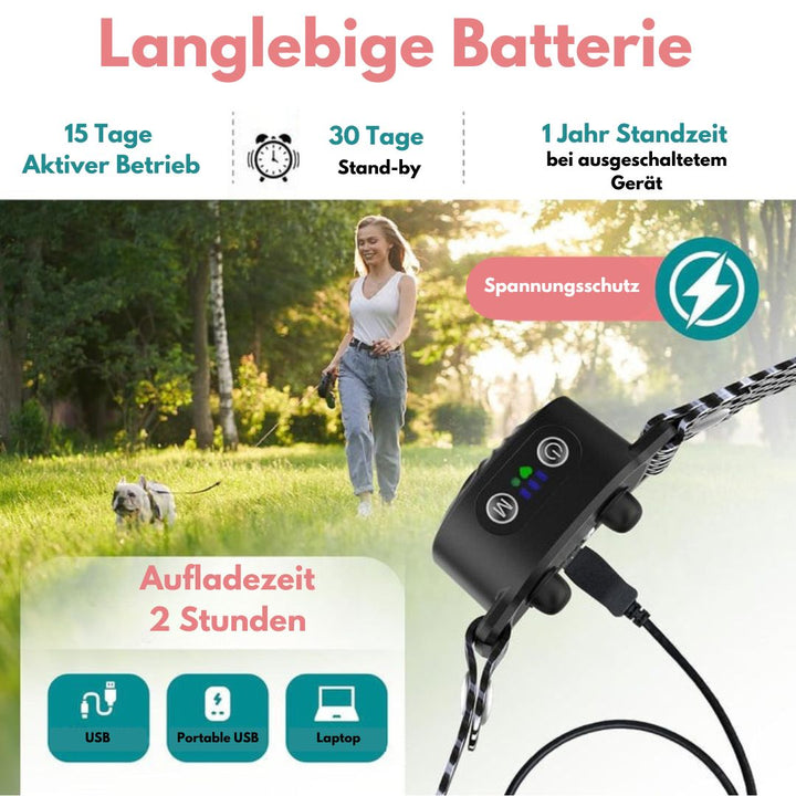 USB-betriebene Hundeleine mit langlebiger Batterie, 15 Tage aktiv, 30 Tage Stand-by, 1 Jahr Standzeit. Aufladezeit 2 Stunden, Spannungsschutz.