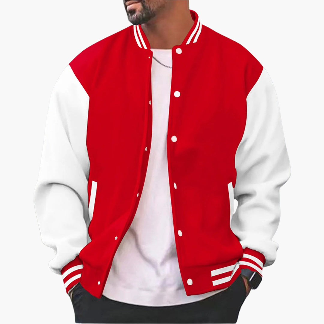 Rote und weiße Collegejacke für Herren, lässiger Stil, modisches Design, ideal für Herbst und Winter, sportlicher Look, bequeme Passform.