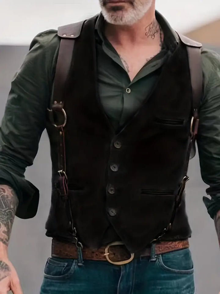 Mann mit grünem Hemd, schwarzer Weste und Lederhosenträgern, tätowierte Arme, modischer Look, lässiger Stil, Vintage-Accessoires.