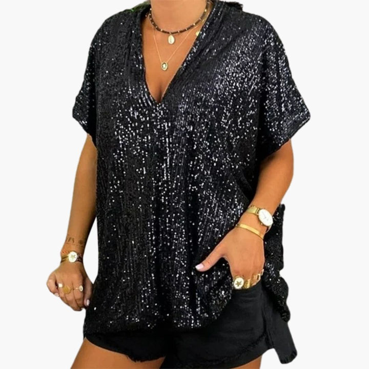 Glitzer Top für den Herbst - Lockere Oberteil mit mit V-Ausschnitt und Glitzernde Pailletten für Damen