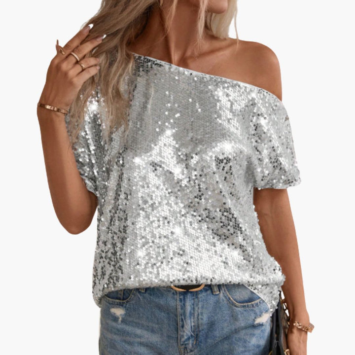 Glitzer Top für den Herbst - Elegante One-Shoulder Bluse mit Glitzernde Pailletten für Damen