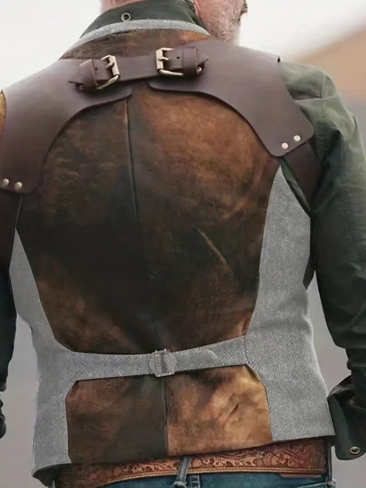 Rückansicht eines Mannes in einer braunen Lederweste mit Schnallen, kombiniert mit einem grauen Hemd. Westernmode, Outdoor-Bekleidung, Vintage-Stil.