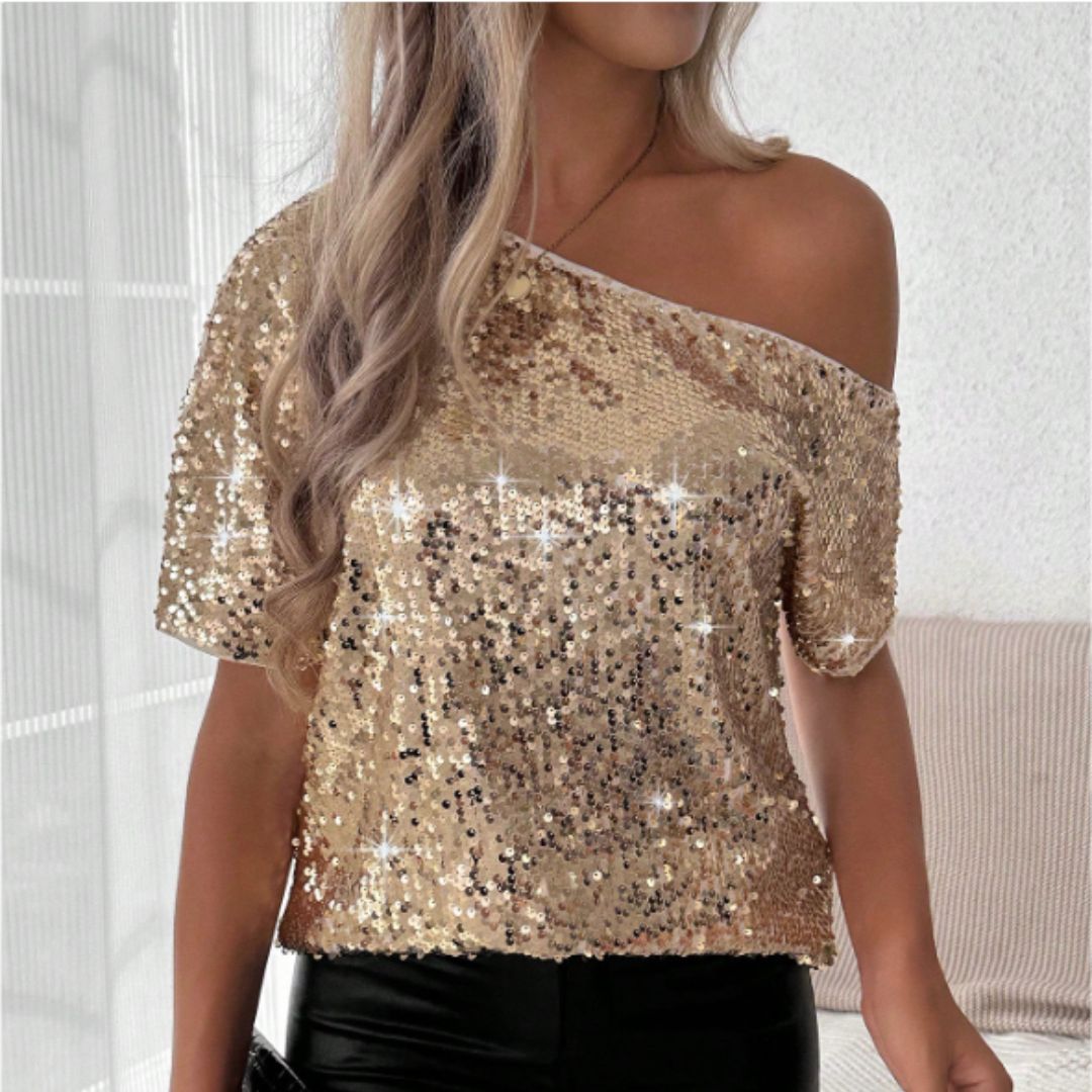 Glitzer Top für den Herbst - Elegante One-Shoulder Bluse mit Glitzernde Pailletten für Damen
