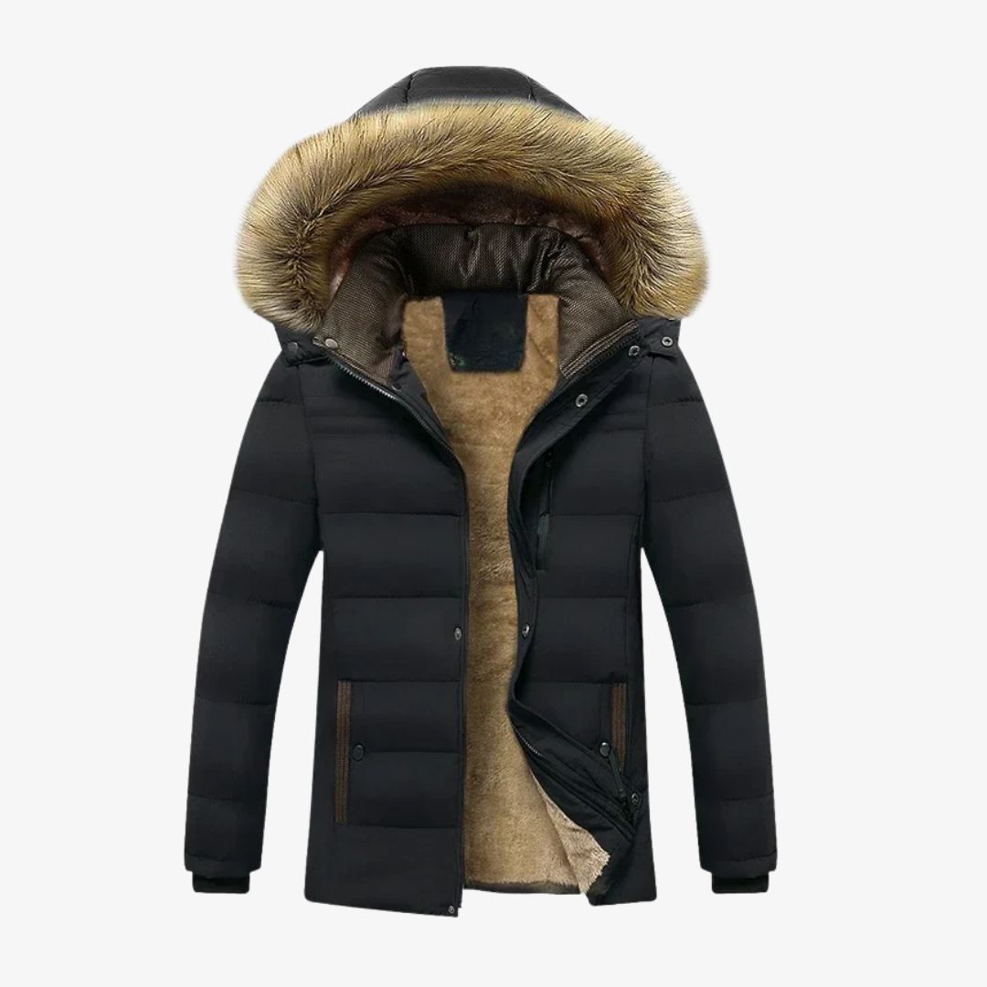 Schwarzer Herren-Winterparka mit dickem, fleece-gefüttertem Innenleben und einer mit Kunstpelz besetzten Kapuze. 
