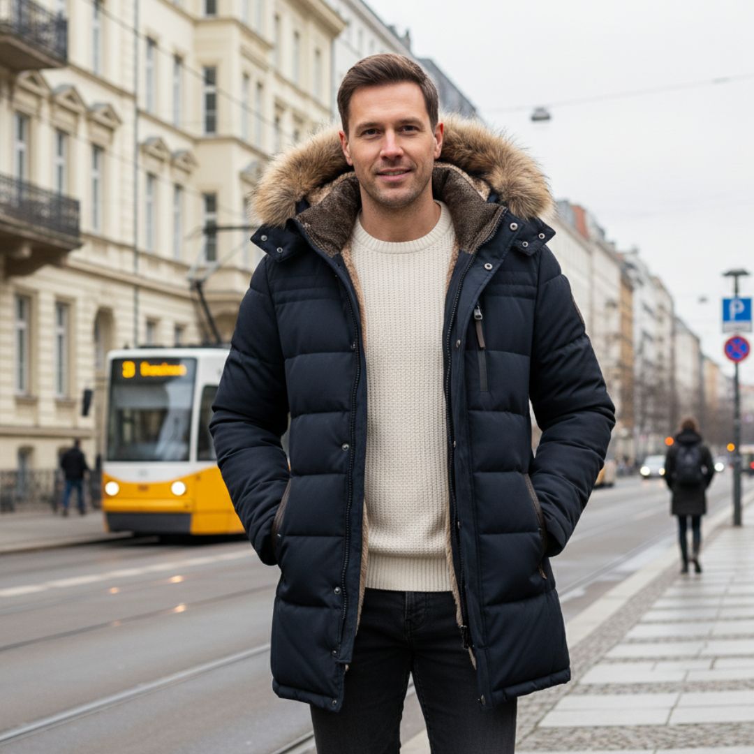 Ein Mann in einem dunkelblauen Winterparka mit Fellkapuze, einem cremefarbenen Pullover und dunklen Jeans steht auf einem Bürgersteig in der Stadt. Im Hintergrund fährt eine gelbe Straßenbahn.