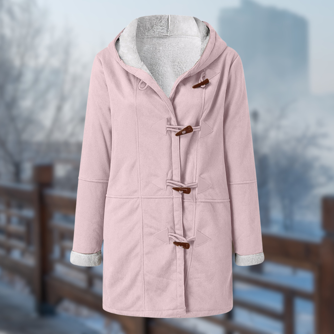 Damen-Dufflecoat in Rosa mit Knebelknöpfen, warm gefüttert, ideal für Wintermode. Stilvoller Mantel für kalte Tage, modisch und funktional.