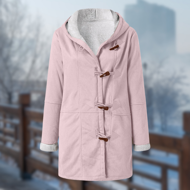 Damen-Dufflecoat in Rosa mit Knebelknöpfen, warm gefüttert, ideal für Wintermode. Stilvoller Mantel für kalte Tage, modisch und funktional.