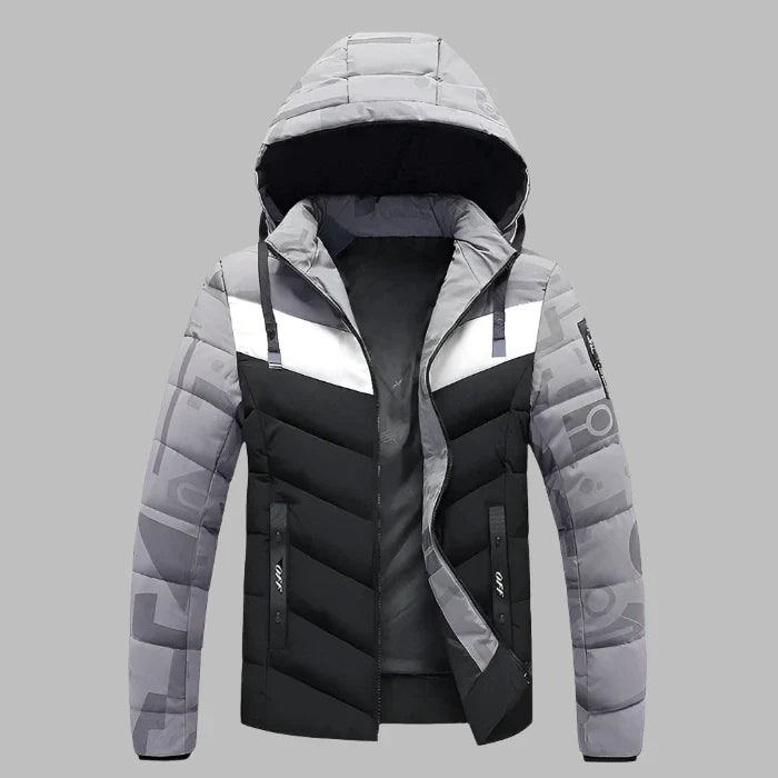 Graue und schwarze Herren-Winterjacke mit Kapuze, reflektierenden Streifen und Reißverschlüssen. Stilvolle, warme Daunenjacke für kalte Tage.