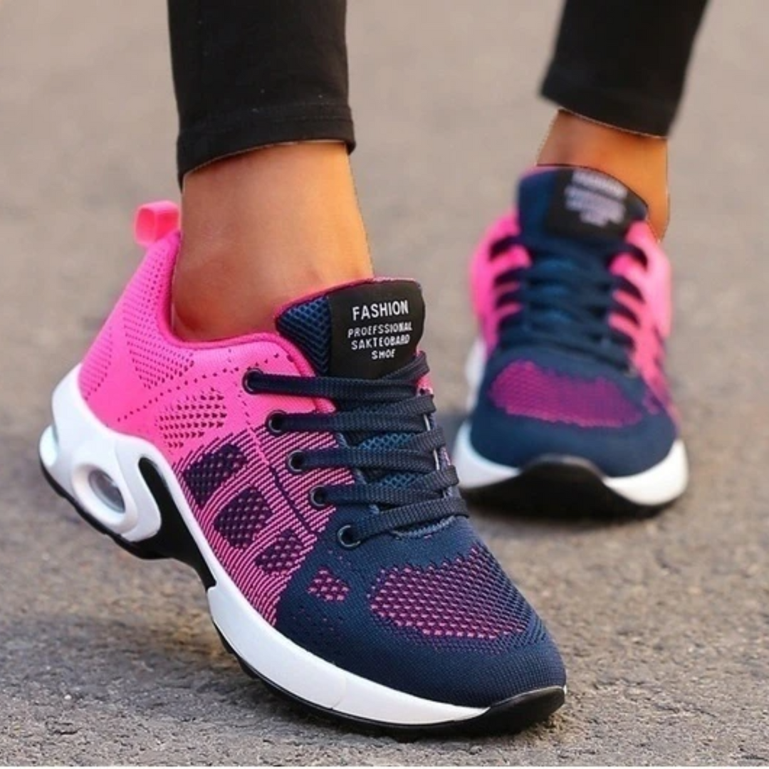 Damen Sneaker in Pink und Blau, atmungsaktiv, mit weißer Sohle. Modische Sportschuhe für Laufen und Freizeit. Ideal für Fitness und Alltag.
