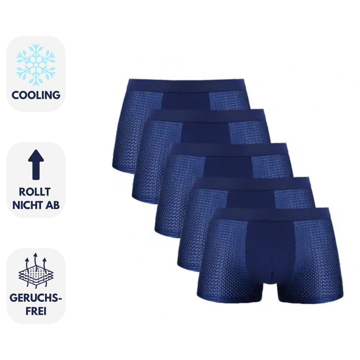 Fünferpack blaue Herren-Boxershorts mit kühlendem Effekt, rutschfestem Bund und geruchsfreiem Material. Ideal für Komfort und Frische.