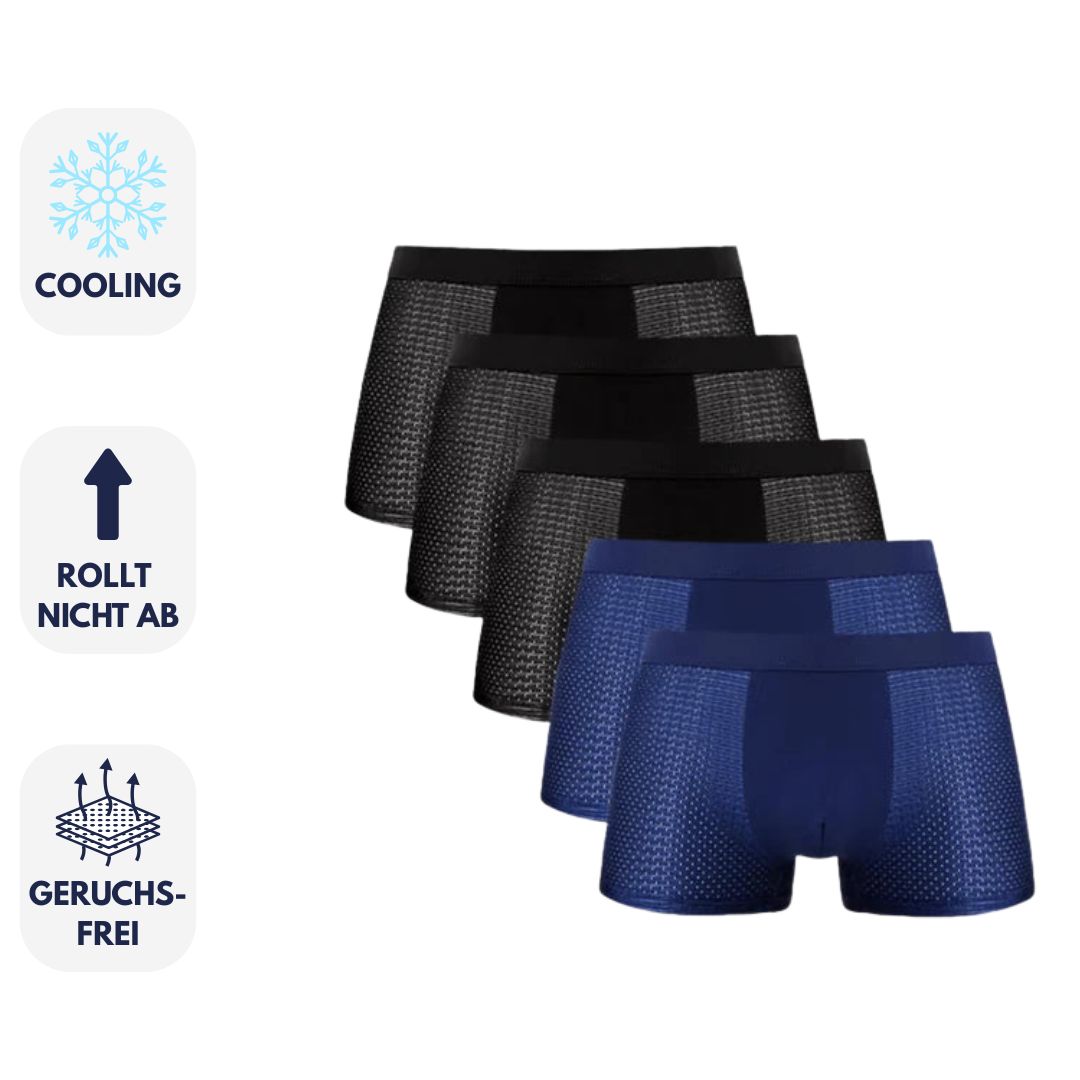 Fünferpack Herren-Boxershorts in Schwarz und Blau, atmungsaktiv, geruchsfrei, kühlend, rutschfest. Ideal für Komfort und Frische im Alltag.