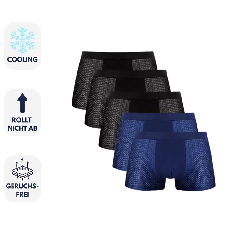 Fünferpack Herren-Boxershorts in Schwarz und Blau, atmungsaktiv, geruchsfrei, kühlend, rutschfest. Ideal für Komfort und Frische im Alltag.
