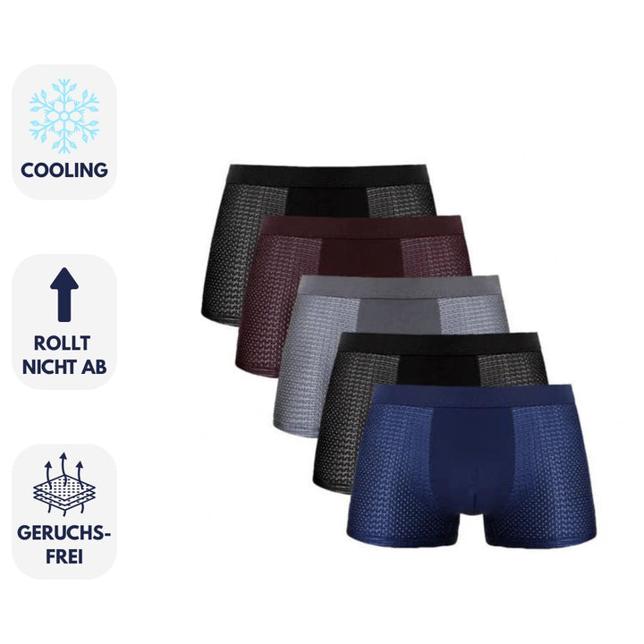 Fünf Herren-Boxershorts in verschiedenen Farben, atmungsaktiv, geruchsfrei, mit Cooling-Effekt und Anti-Rutsch-Funktion. Ideal für Komfort und Frische.