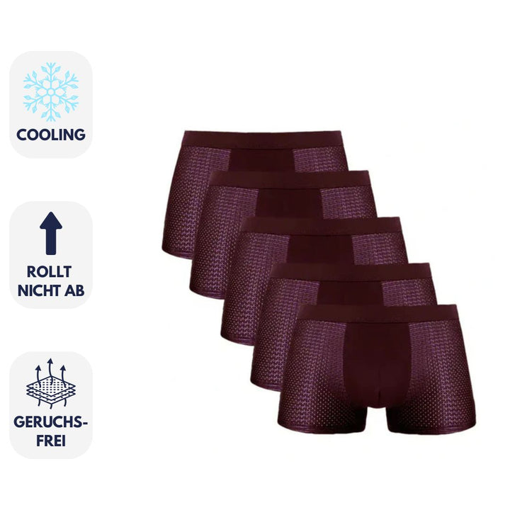 Sechserpack Herren-Boxershorts in Dunkelrot, atmungsaktiv, kühlend, geruchsfrei, rutschfest. Ideal für Komfort und Frische im Alltag.