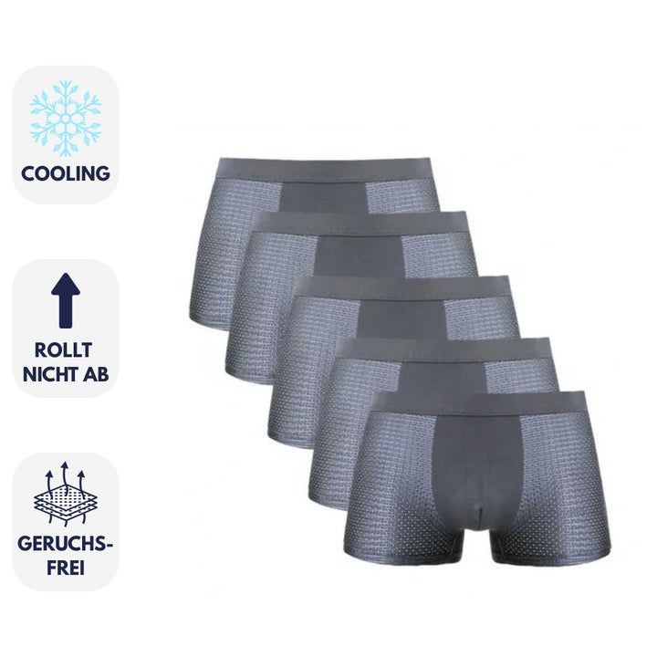 Fünf graue Herren-Boxershorts mit kühlendem Effekt, rutschfestem Bund und geruchsfreiem Material. Ideal für Komfort und Frische im Alltag.