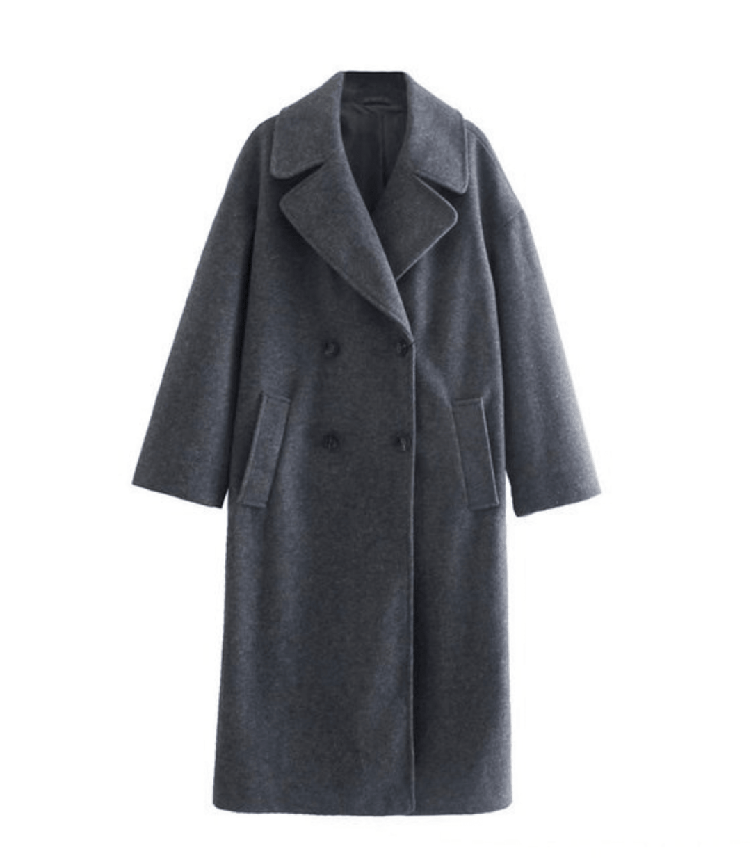 Grauer Damen-Wollmantel, doppelt geknöpft, mit breitem Revers und Seitentaschen. Eleganter Wintermantel für stilvolle Mode.