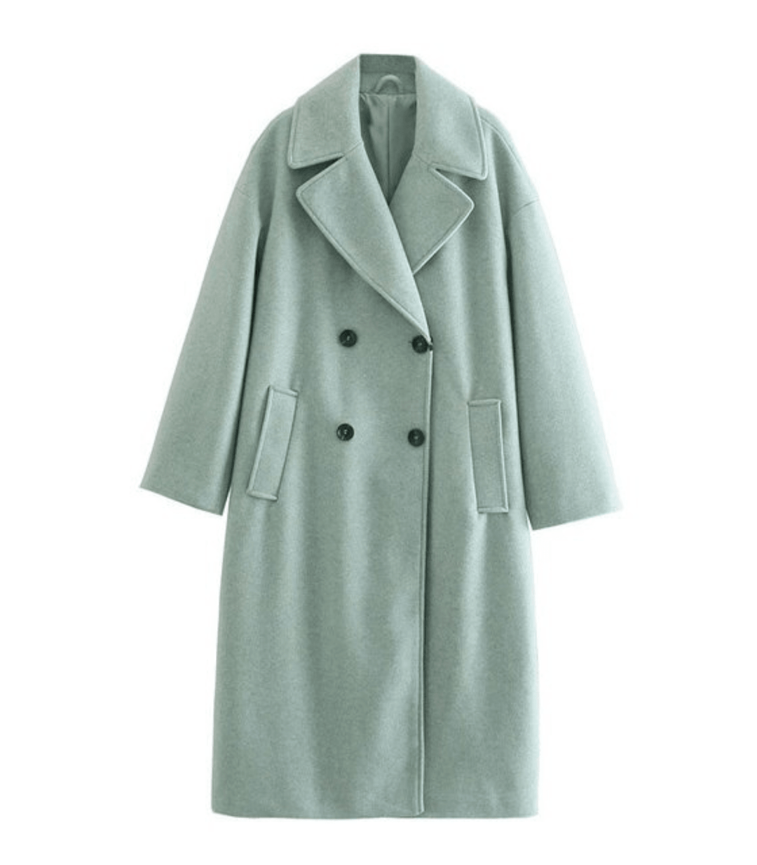 Damen Wintermantel in Hellgrau, doppelt geknöpft, mit breitem Revers und Taschen. Eleganter Wollmantel für kalte Tage.