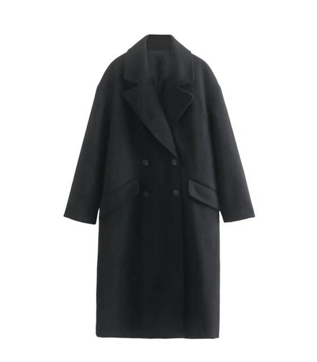 Schwarzer Wollmantel für Damen, klassischer Schnitt, doppelreihig, elegantes Design, ideal für Herbst und Wintermode, zeitloser Stil.