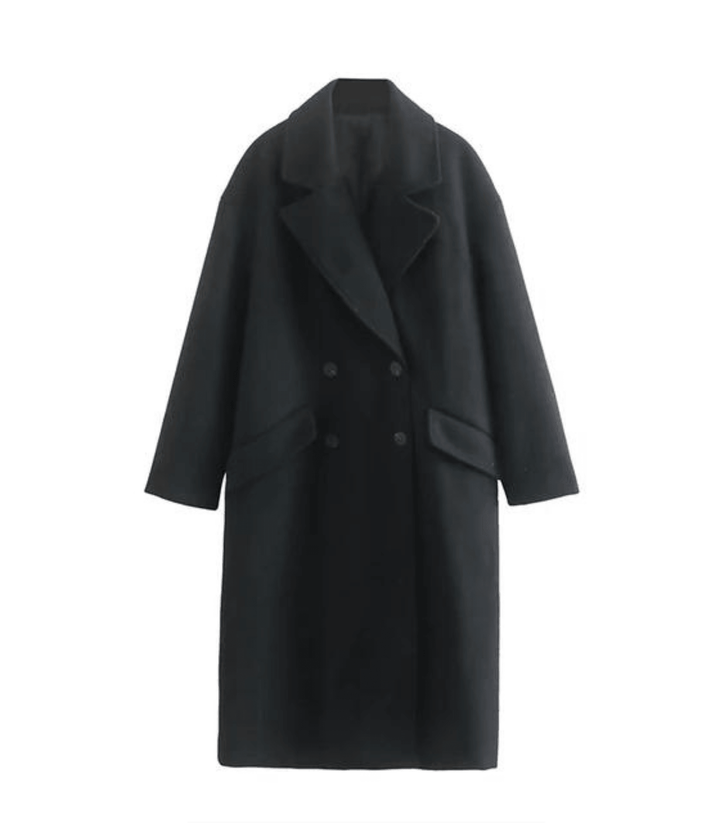 Schwarzer Wollmantel für Damen, klassischer Schnitt, doppelreihig, elegantes Design, ideal für Herbst und Wintermode, zeitloser Stil.