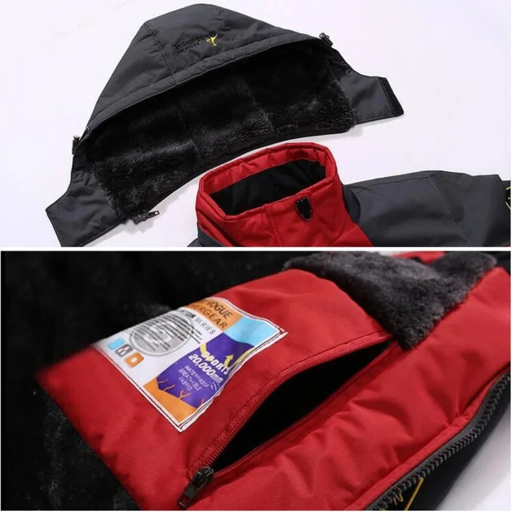 Zweiteiliger Wintermantel mit abnehmbarer Kapuze, schwarzem und rotem Design, weichem Innenfutter und Etikett. Ideal für kaltes Wetter.