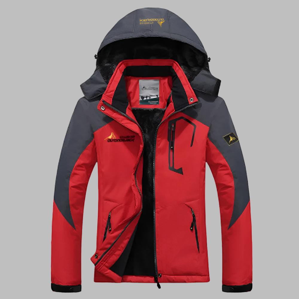 Rote Outdoor-Jacke mit Kapuze, wasserdicht, winddicht, atmungsaktiv, ideal für Wandern und Trekking, mit grauen Akzenten und Reißverschlusstaschen.