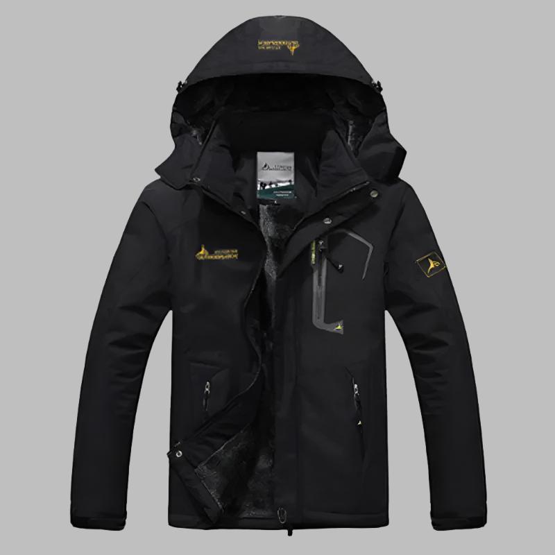 Schwarze Outdoor-Winterjacke mit Kapuze, wasserdicht, winddicht, mehrere Taschen, ideal für Herren, Wandern, Trekking, kaltes Wetter.