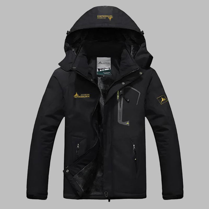 Schwarze Outdoor-Winterjacke mit Kapuze, wasserdicht, winddicht, mehrere Taschen, ideal für Herren, Wandern, Trekking, kaltes Wetter.
