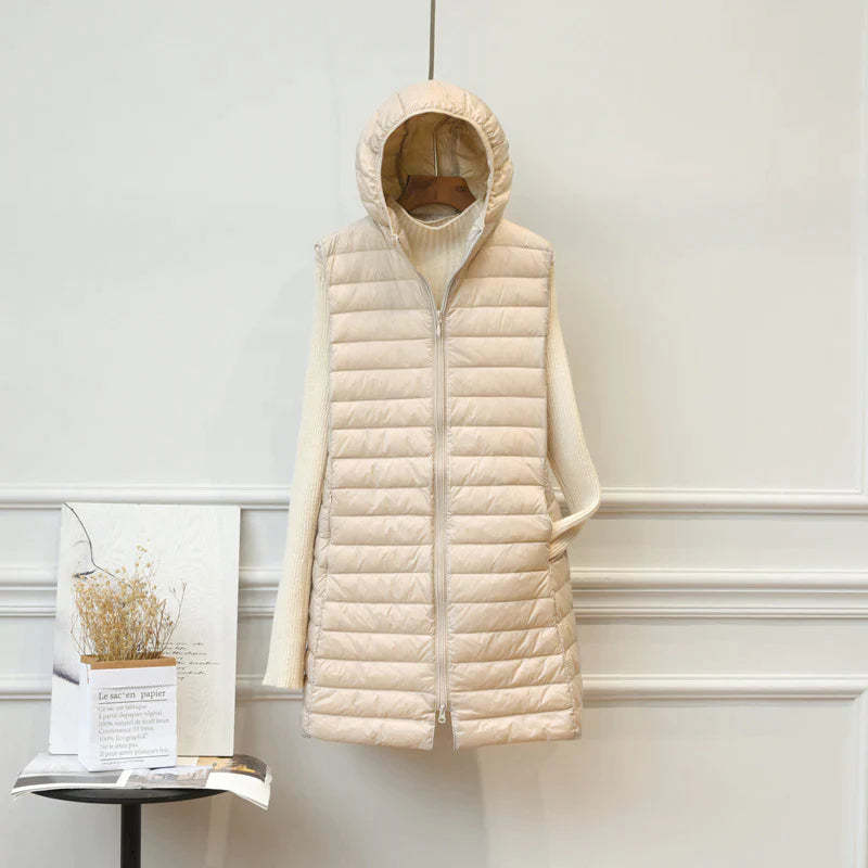 Lange Steppweste für Damen - Elegante Übergangsjacke mit Kapuze